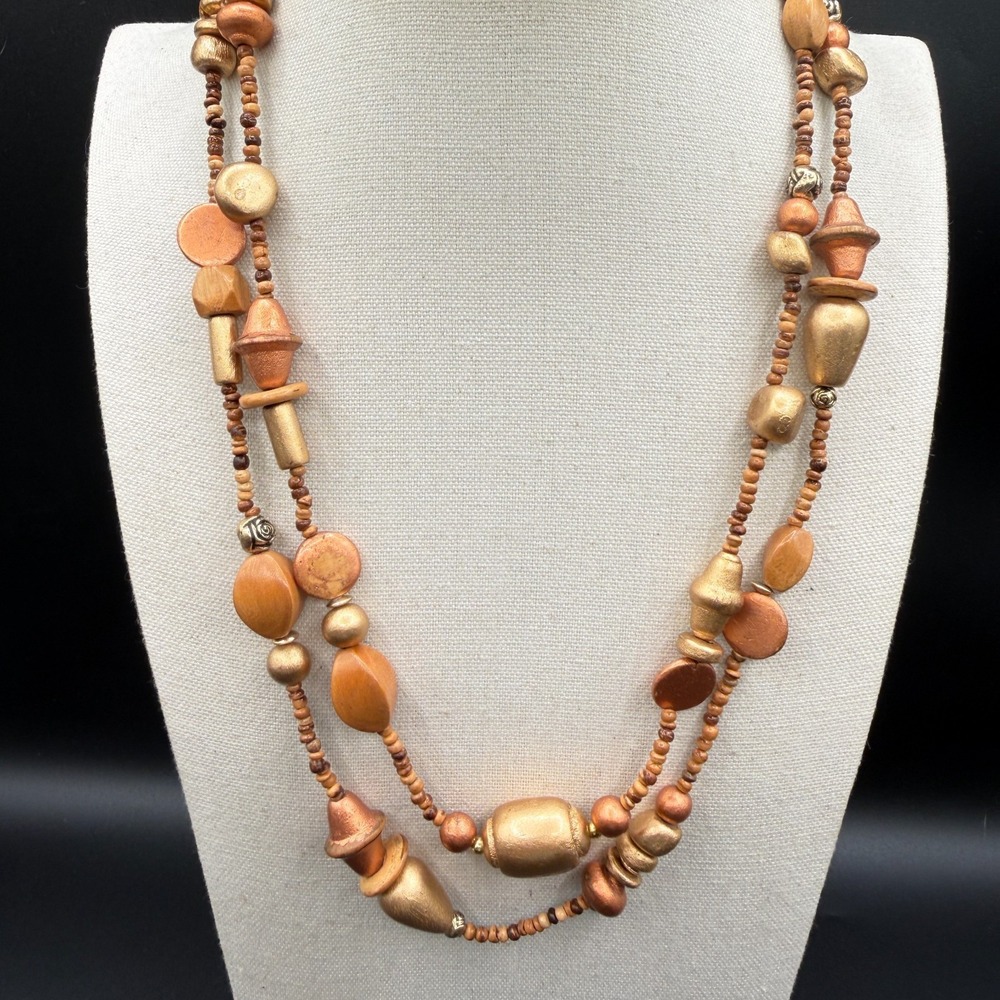 Double Strand Wooden Bead Necklace Gold & Copper Tone Long Statement Vintage